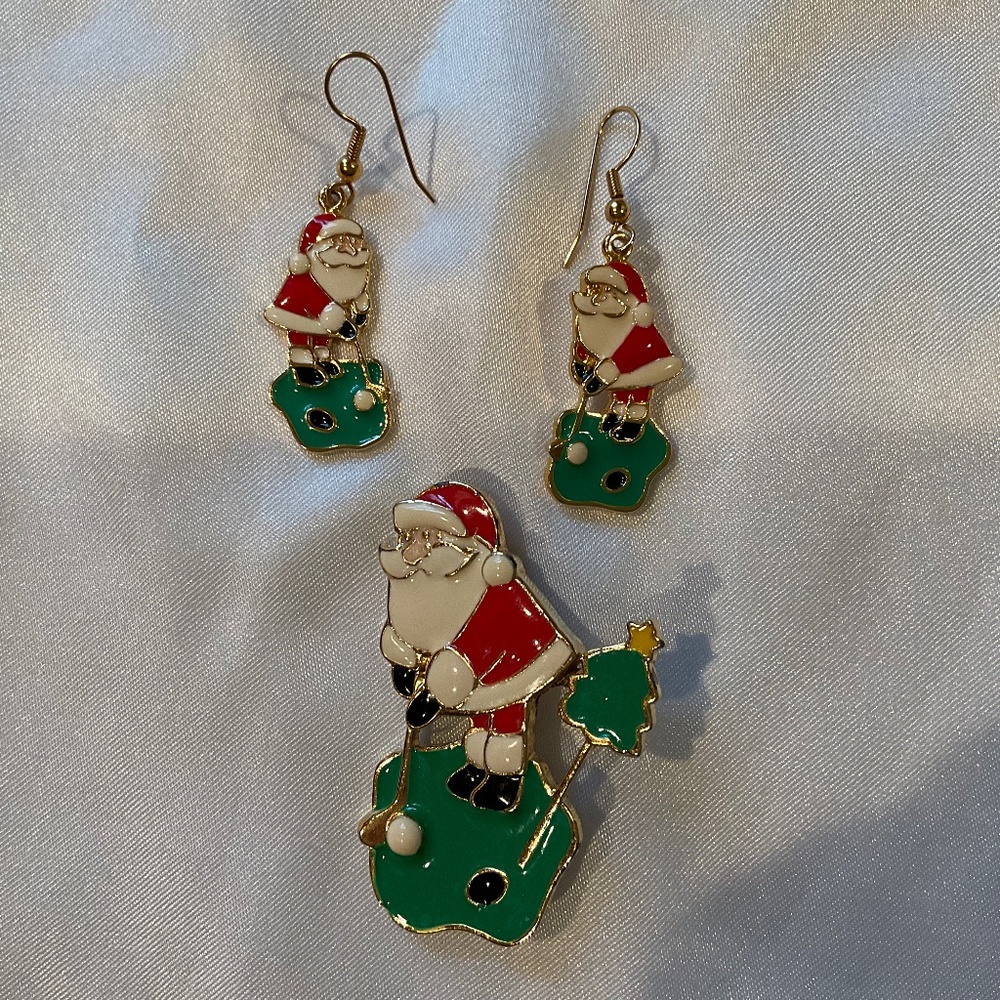 EDGAR BEREBI VINTAGE GOLFING SANTA PIN AND EARRING SET